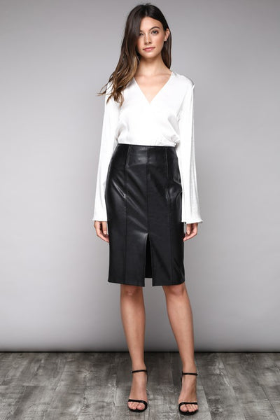 FAUX LEATHER FRONT SLIT MIDI SKIRT