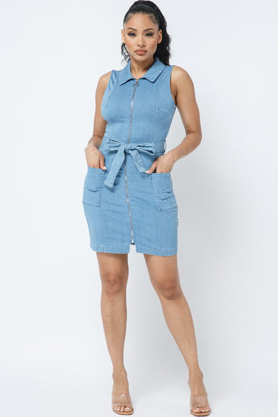 FRONT ZIPPER DENIM DRESS
