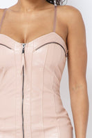FRONT ZIPPER PU SPAGHETTI STRAP DRESS