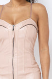 FRONT ZIPPER PU SPAGHETTI STRAP DRESS