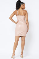 FRONT ZIPPER PU SPAGHETTI STRAP DRESS