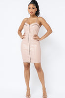 FRONT ZIPPER PU SPAGHETTI STRAP DRESS