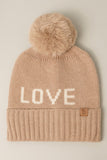 LOVE Ribbed Cuff Knit Beanie Hat w Pom Pom