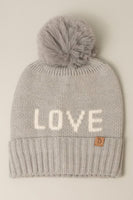 LOVE Ribbed Cuff Knit Beanie Hat w Pom Pom