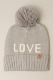 LOVE Ribbed Cuff Knit Beanie Hat w Pom Pom
