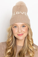 LOVE Ribbed Cuff Knit Beanie Hat w Pom Pom