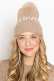 LOVE Ribbed Cuff Knit Beanie Hat w Pom Pom