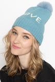 LOVE Ribbed Cuff Knit Beanie Hat w Pom Pom