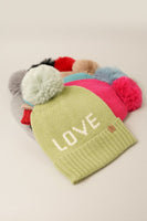 LOVE Ribbed Cuff Knit Beanie Hat w Pom Pom