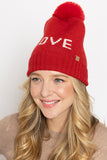 LOVE Ribbed Cuff Knit Beanie Hat w Pom Pom