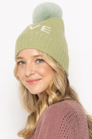 LOVE Ribbed Cuff Knit Beanie Hat w Pom Pom