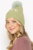 LOVE Ribbed Cuff Knit Beanie Hat w Pom Pom