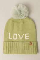 LOVE Ribbed Cuff Knit Beanie Hat w Pom Pom