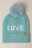LOVE Ribbed Cuff Knit Beanie Hat w Pom Pom