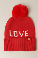 LOVE Ribbed Cuff Knit Beanie Hat w Pom Pom