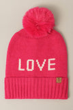 LOVE Ribbed Cuff Knit Beanie Hat w Pom Pom