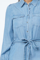 LONG SLEEVE DENIM MIDI DRESS WITH WAIST TIE DETAIL