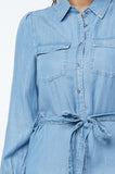 LONG SLEEVE DENIM MIDI DRESS WITH WAIST TIE DETAIL