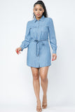 LONG SLEEVE DENIM MIDI DRESS WITH WAIST TIE DETAIL
