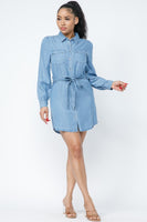 LONG SLEEVE DENIM MIDI DRESS WITH WAIST TIE DETAIL