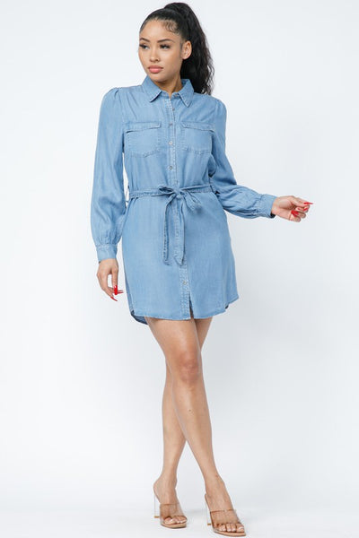 LONG SLEEVE DENIM MIDI DRESS WITH WAIST TIE DETAIL