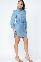 LONG SLEEVE DENIM MIDI DRESS WITH WAIST TIE DETAIL