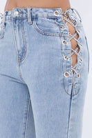 SOLID DENIM PANTS WITH CHAIN LACE UP  SIDE DETAIL