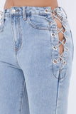 SOLID DENIM PANTS WITH CHAIN LACE UP  SIDE DETAIL