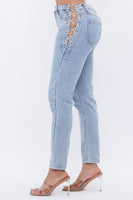 SOLID DENIM PANTS WITH CHAIN LACE UP  SIDE DETAIL