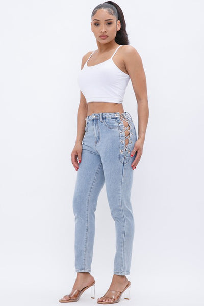 SOLID DENIM PANTS WITH CHAIN LACE UP  SIDE DETAIL