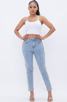 SOLID DENIM PANTS WITH CHAIN LACE UP  SIDE DETAIL