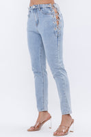 SOLID DENIM PANTS WITH CHAIN LACE UP  SIDE DETAIL