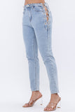 SOLID DENIM PANTS WITH CHAIN LACE UP  SIDE DETAIL