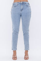 SOLID DENIM PANTS WITH CHAIN LACE UP  SIDE DETAIL