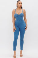 DENIM SPAGEHTTI STRAP JUMPSUIT WITH SIDE CUTOUTS