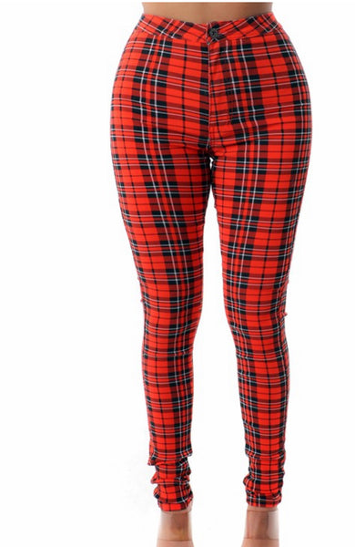 Red plaid skinny jeans