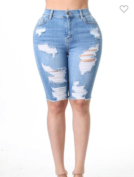 Straight Leg Ripped Denim Shorts