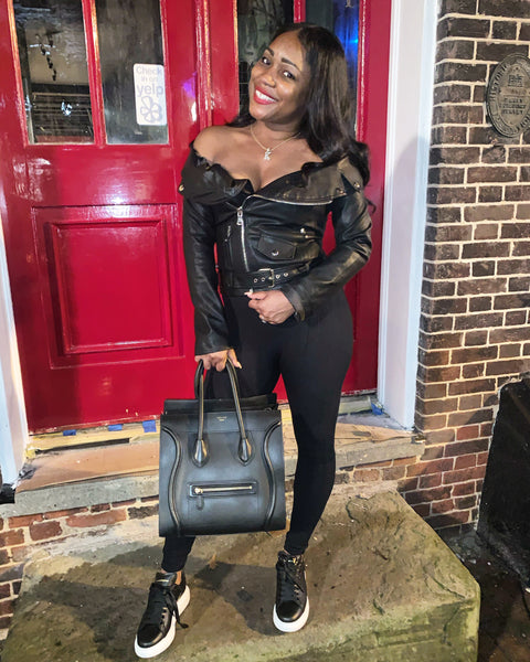 Moto off shoulder jacket